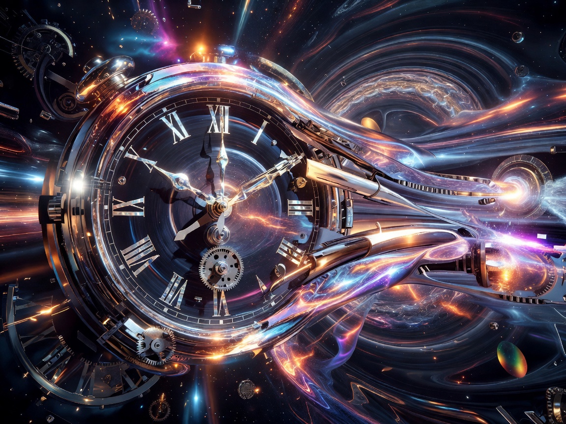 Abstract rendering of a clock distorted by extreme velocity and gravity