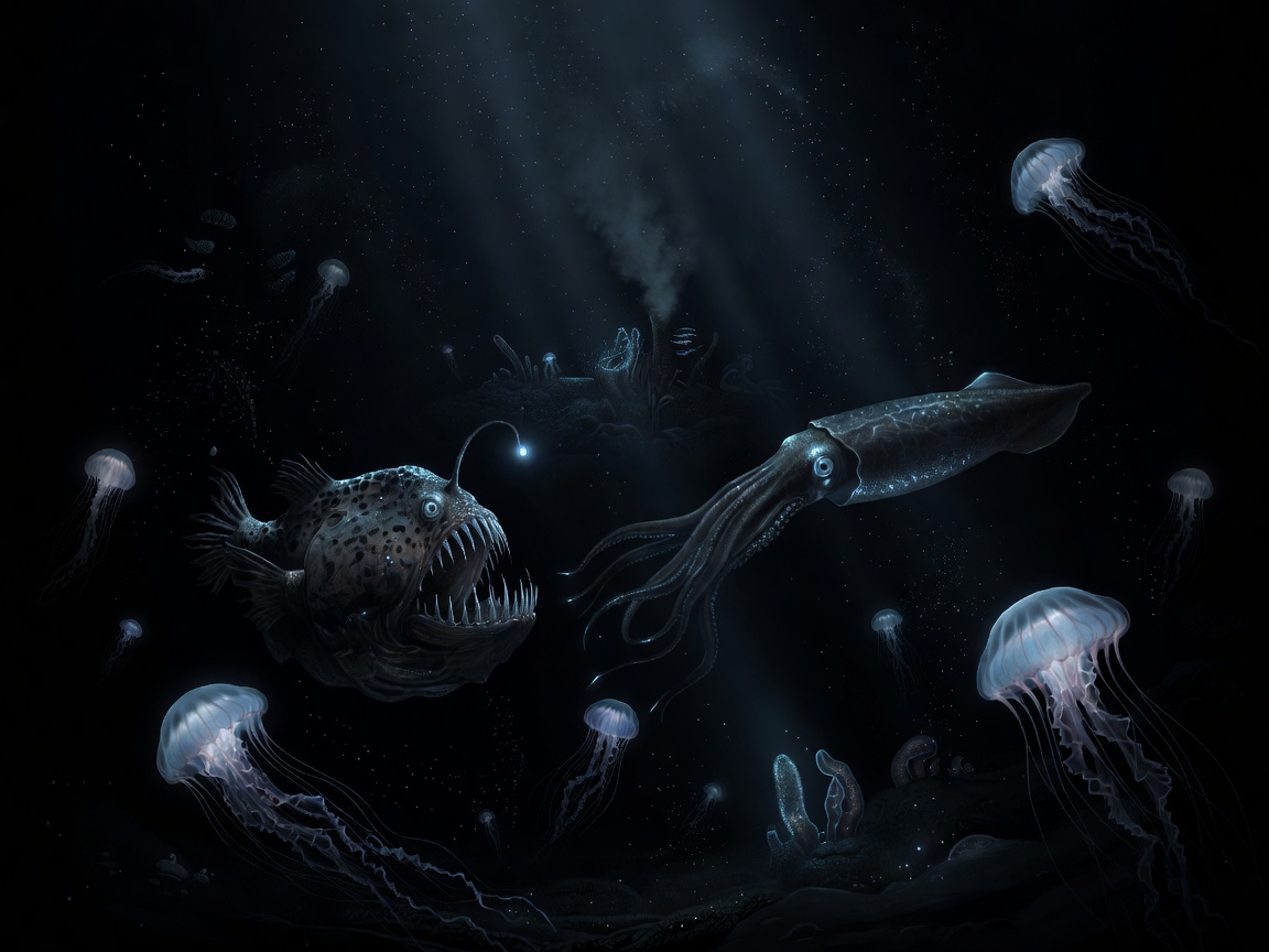 Deep sea illustration depicting a dark oceanic environment