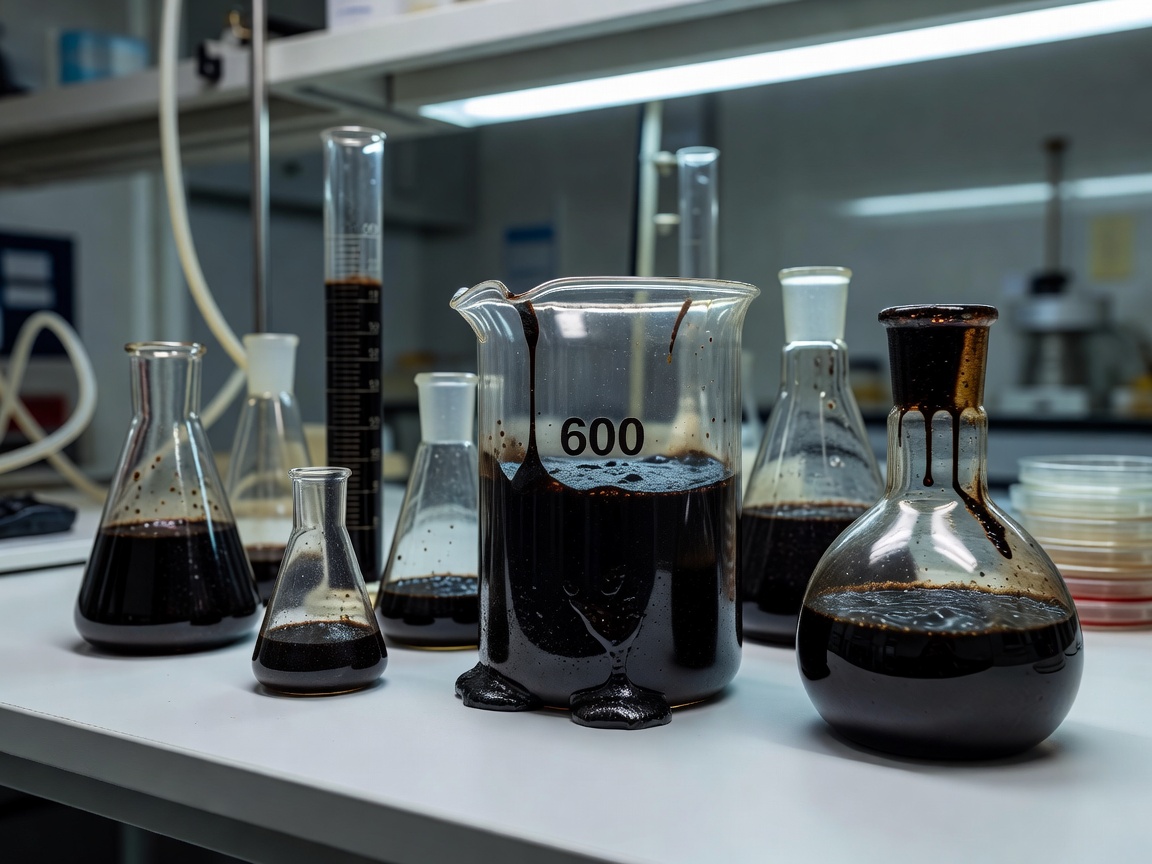 Laboratory glassware containing thick black tar pitch