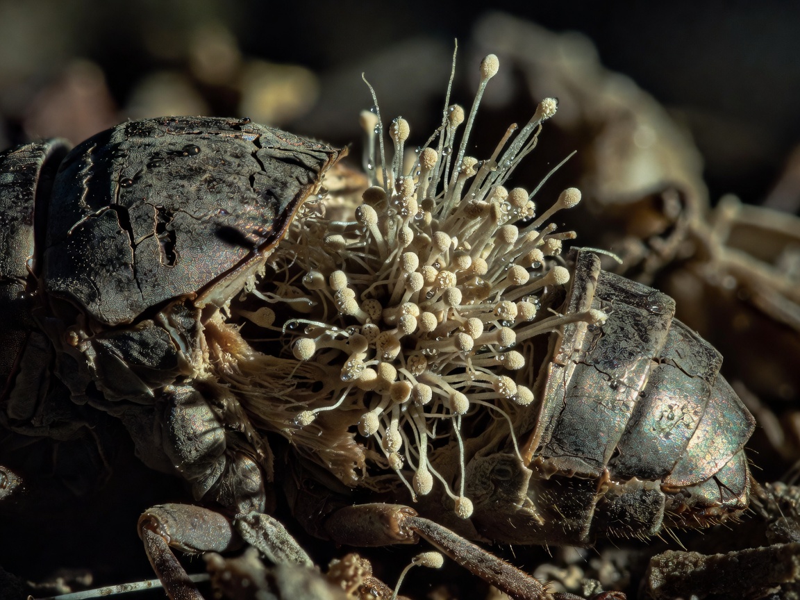 Macro photography of a fungus erupting from an insect exoskeleton