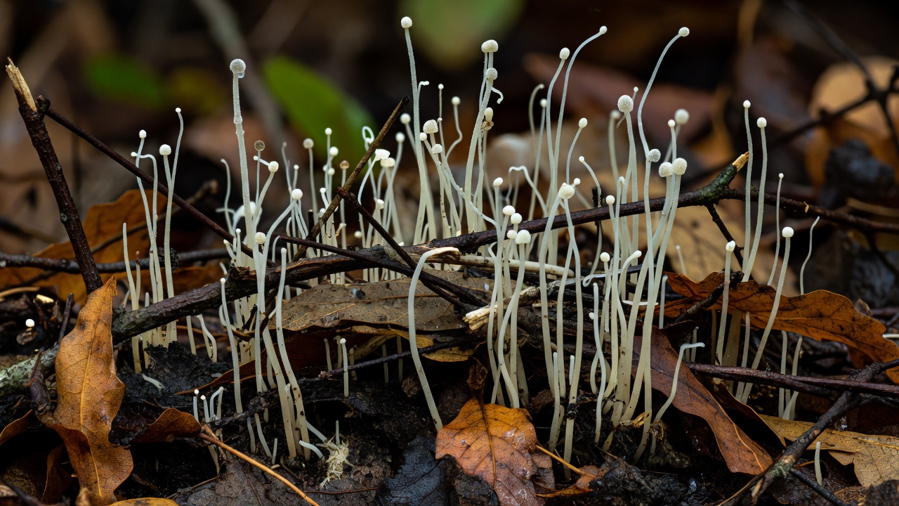 Macroscopic visual of fungal stalks bursting from natural debris
