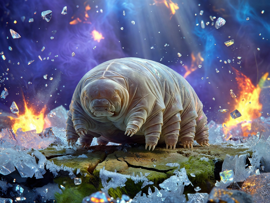 Microscopic view simulation of a tardigrade surviving extreme conditions